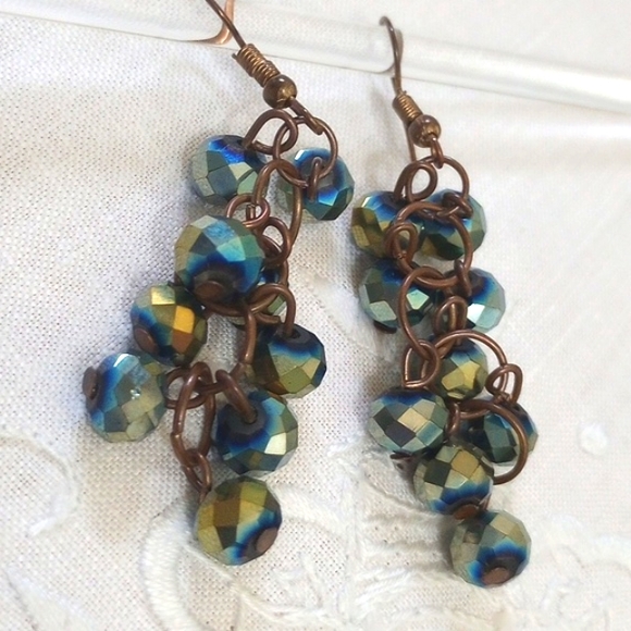 Vintage Carnival faceted Glass peacock grape cluster dangle Earrings - Picture 2 of 4